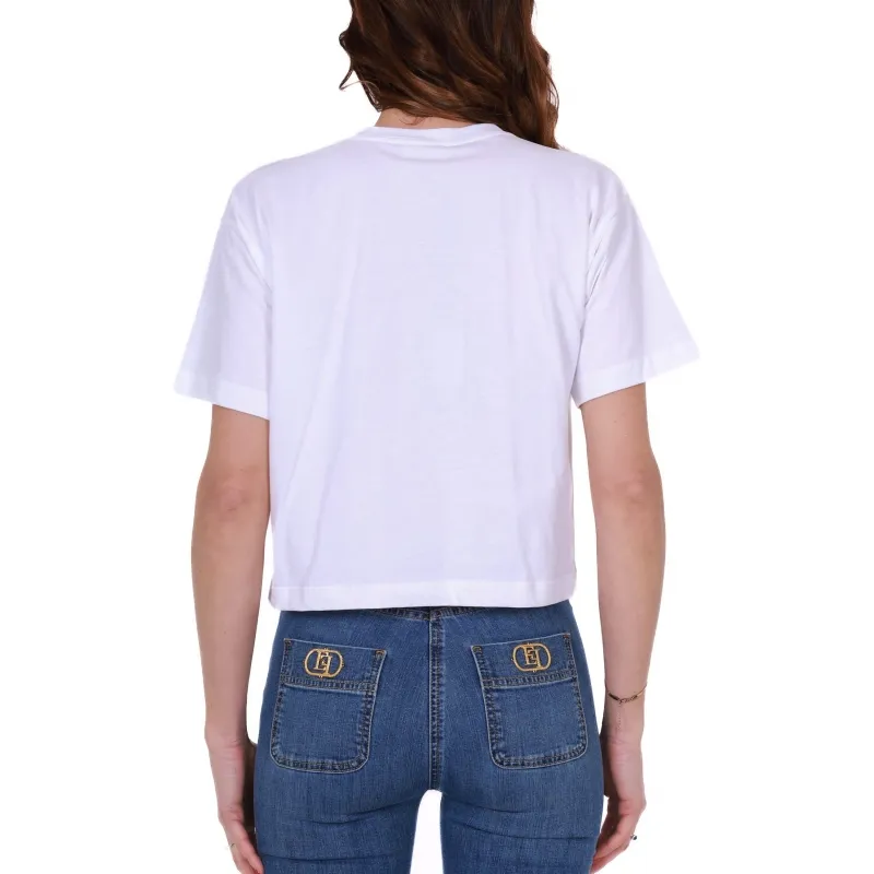 T-SHIRT GIROCOLLO CON LOGO RICAMATO E CHARMS, BIANCO