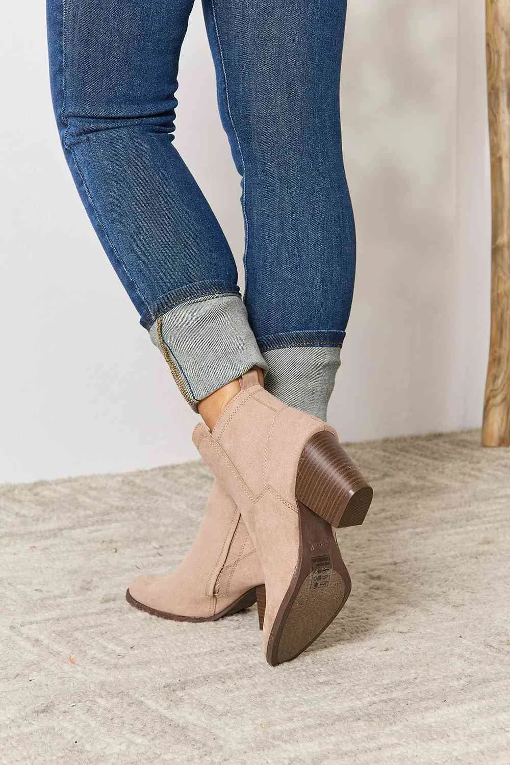 Taupe Block Heel Point Toe Ankle Boots