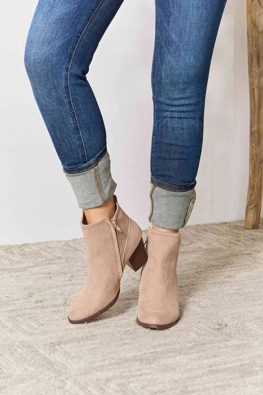 Taupe Block Heel Point Toe Ankle Boots