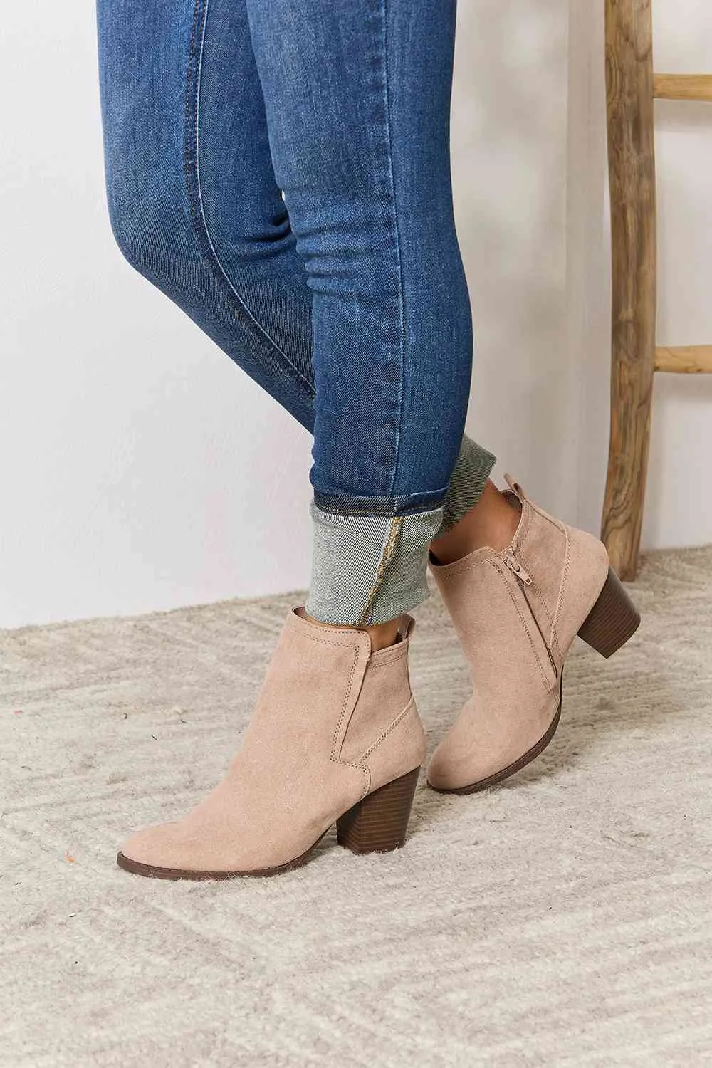 Taupe Block Heel Point Toe Ankle Boots