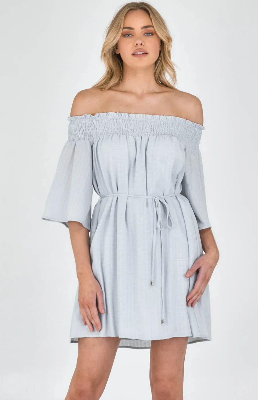 Textured Off the Shoulder Dress with Waist Tie (SDR999A) 