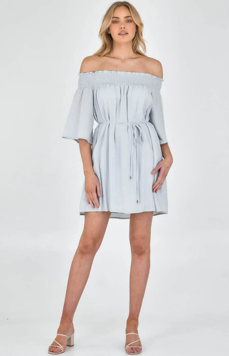 Textured Off the Shoulder Dress with Waist Tie (SDR999A) 