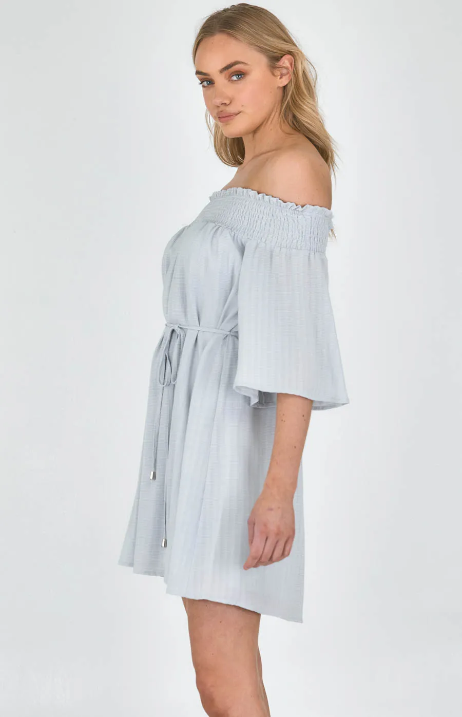 Textured Off the Shoulder Dress with Waist Tie (SDR999A) 