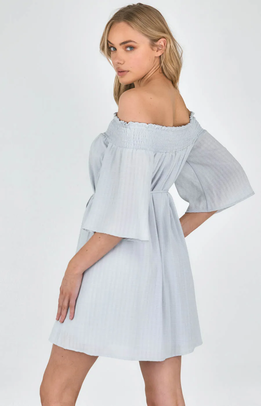 Textured Off the Shoulder Dress with Waist Tie (SDR999A) 