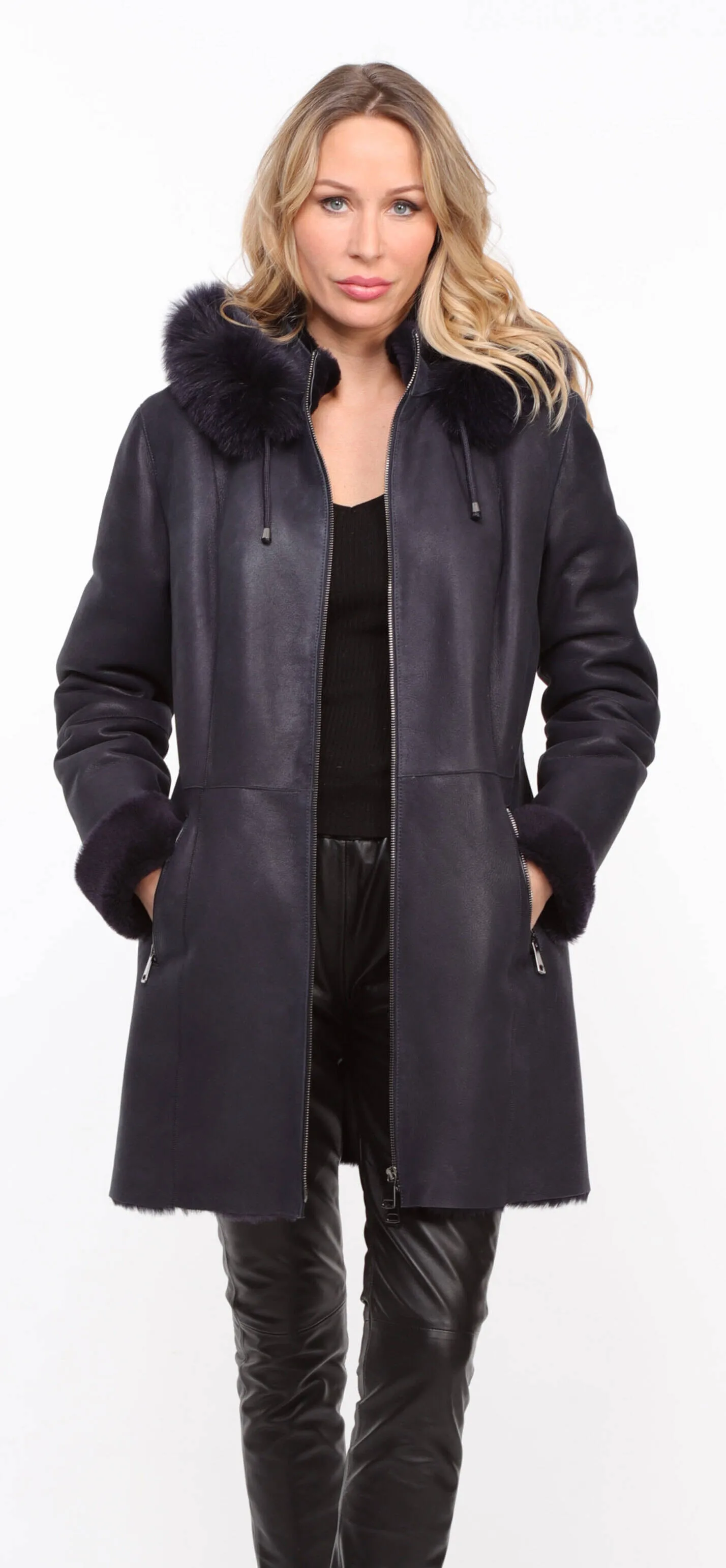 Women's navy \aurelia\ hooded sheepskin coat