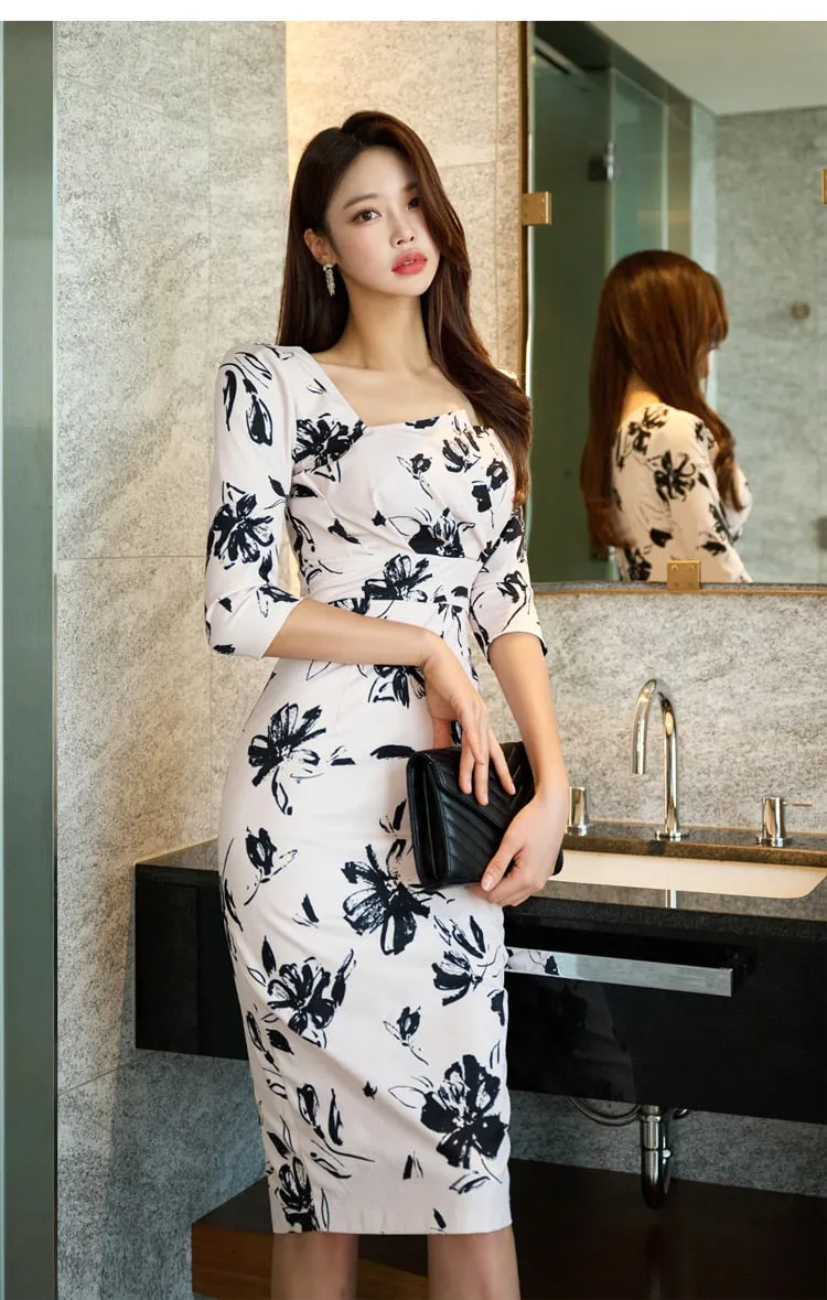 Women's Office Casual Knee-length Floral Print Non-Strech Dress