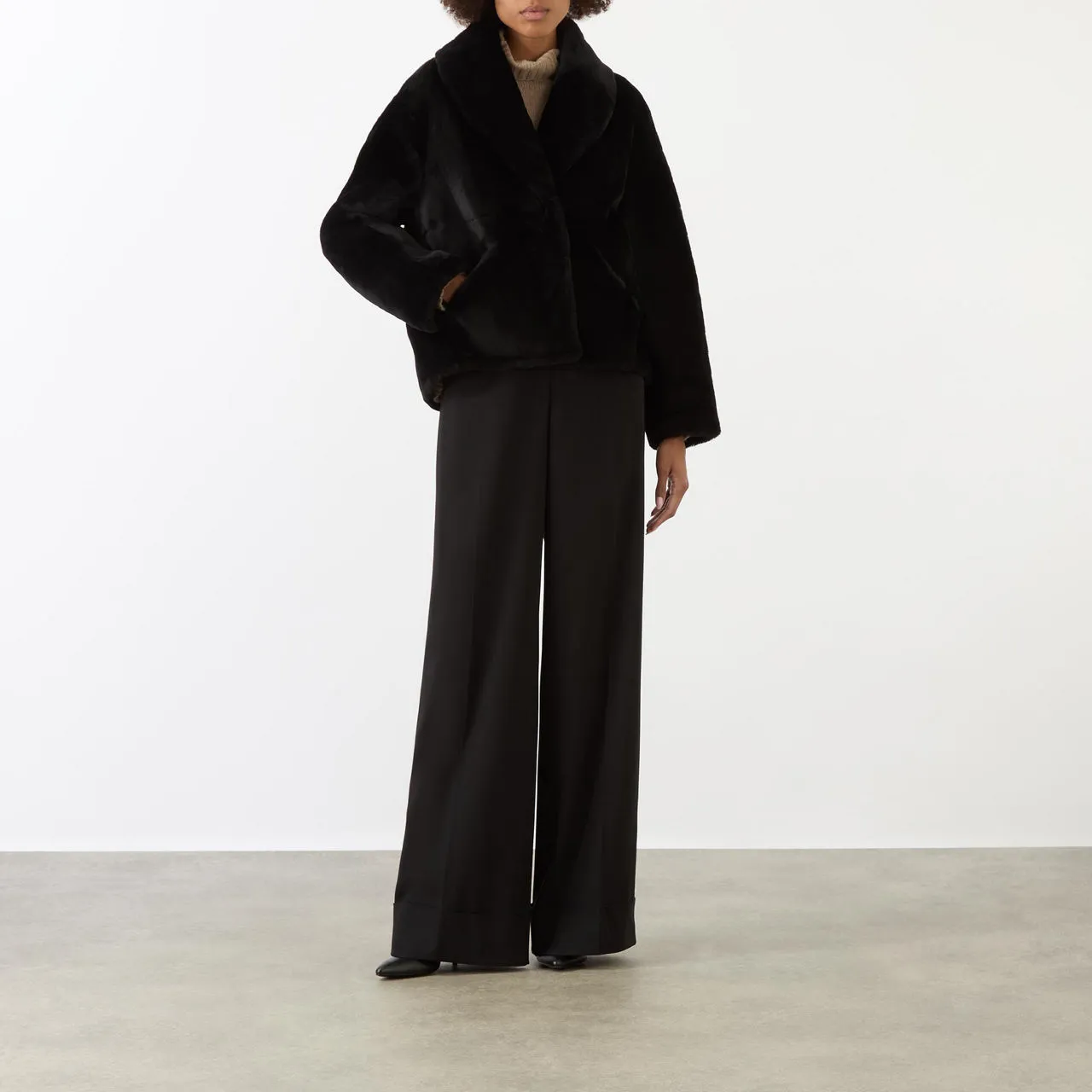 YVES SALOMON Single-Breasted Shearling Coat - Black