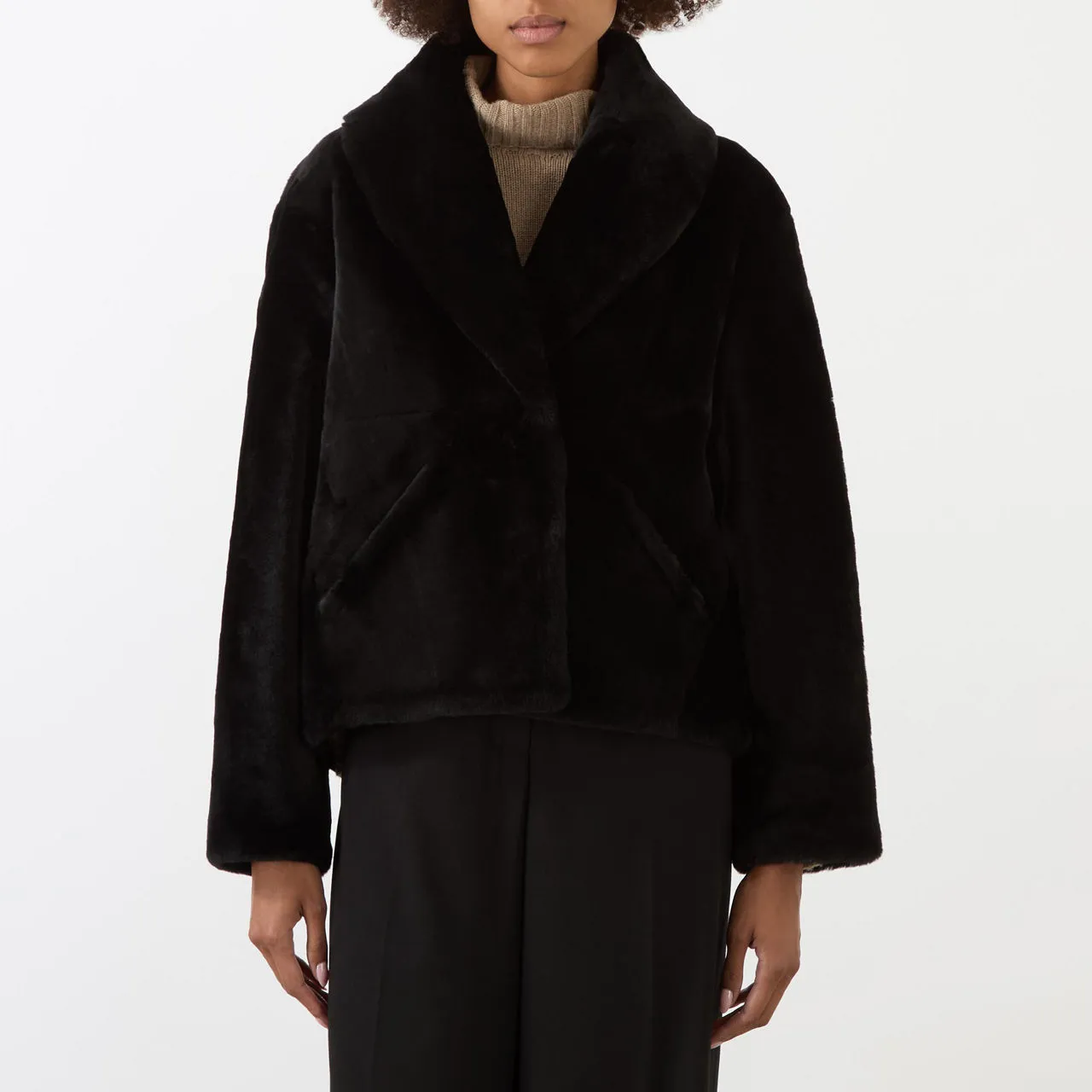 YVES SALOMON Single-Breasted Shearling Coat - Black