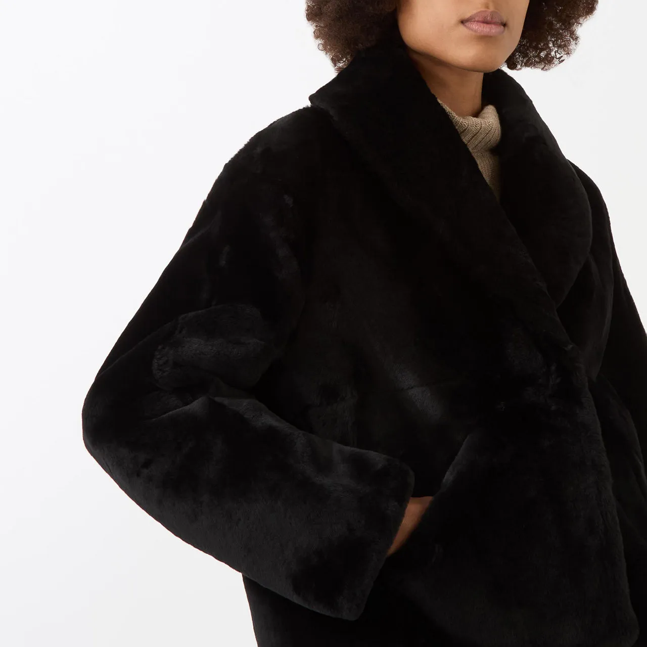 YVES SALOMON Single-Breasted Shearling Coat - Black